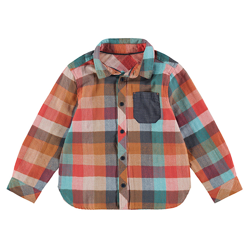 Camisa de manga larga a cuadros con bolsillo de cambray 