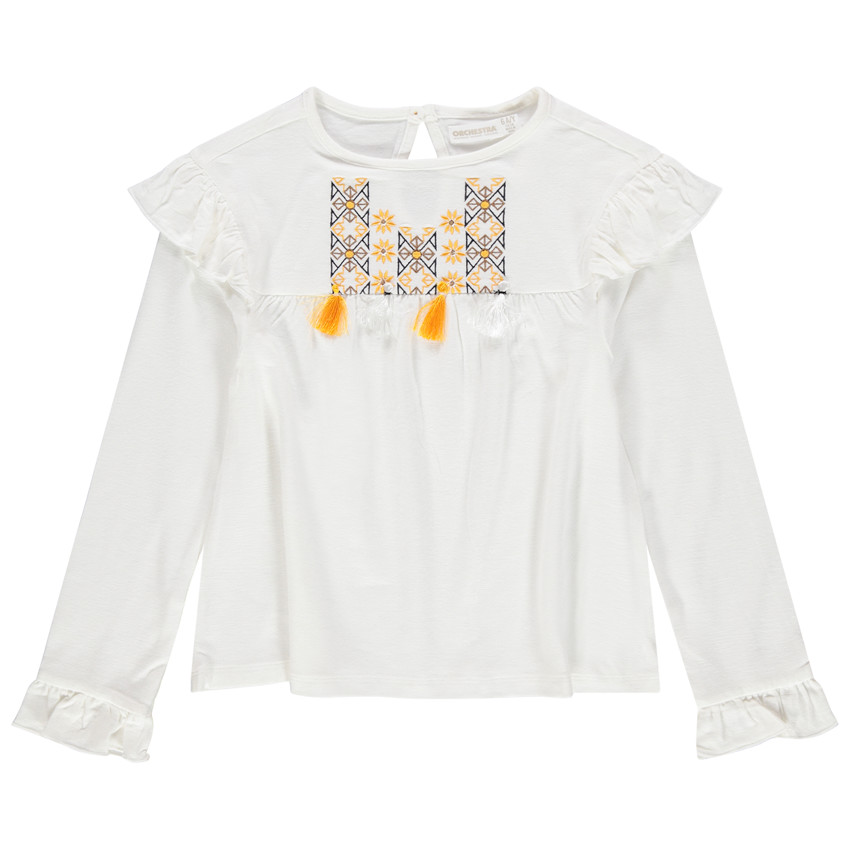 Blouse en coton à broderies style ethnique et pompons 