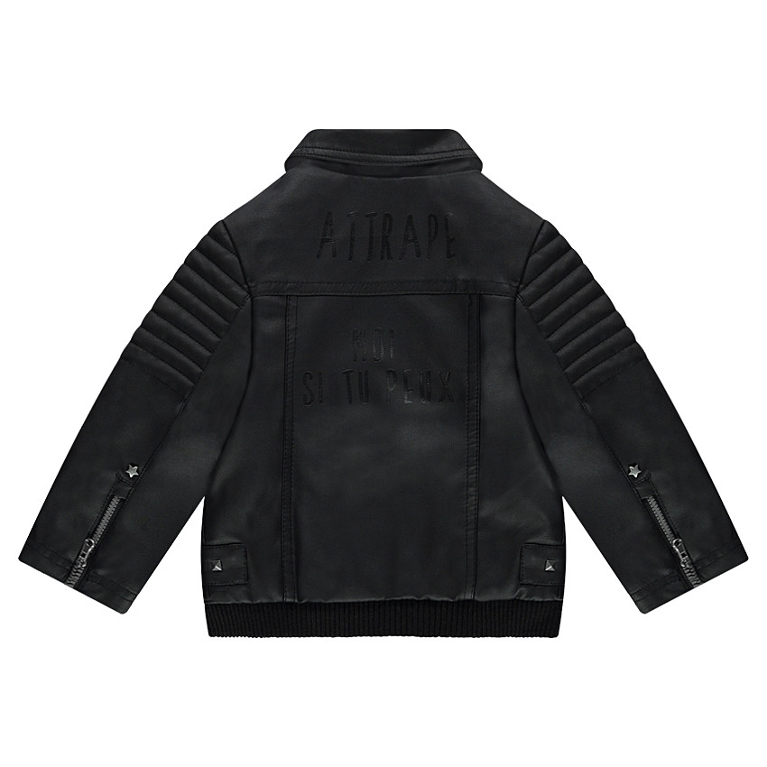 Perfecto de cuero de imitación con remqches de metal y texto estampado en la parte trasera 