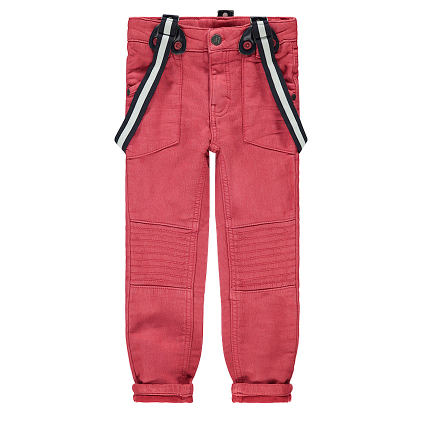 Pantalón de tela roja con efecto desgastado y tirantes desmontables elásticos 