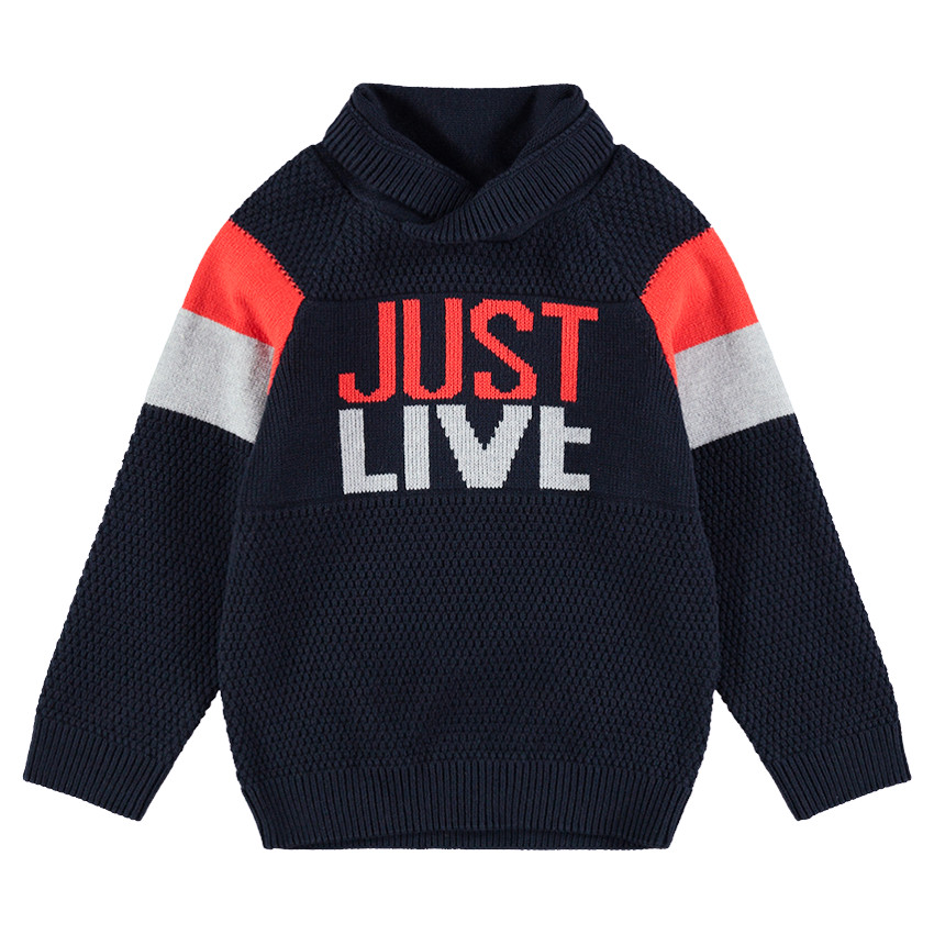 Jersey de punto de fantasía con cuello subido e inscripción de jacquard 