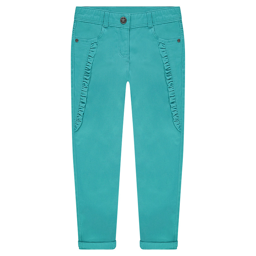 Pantalón de raso de algodón azul turquesa con motivos bordados 