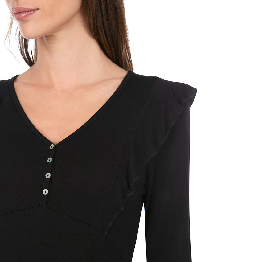 Camiseta premamá de manga larga con volantes y cuello abotonado 