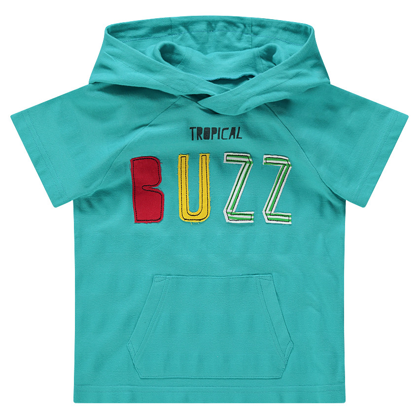 Camiseta de manga larga con capucha e inscripción bordada y bolsillo 