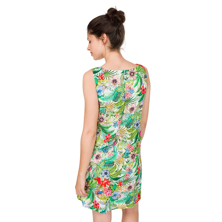 Vestido premamá con volante y estampado tropical 