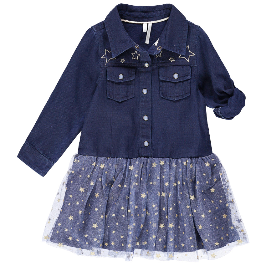 Vestido de manga larga bimaterial con efecto 2 en 1 y estrellas doradas 