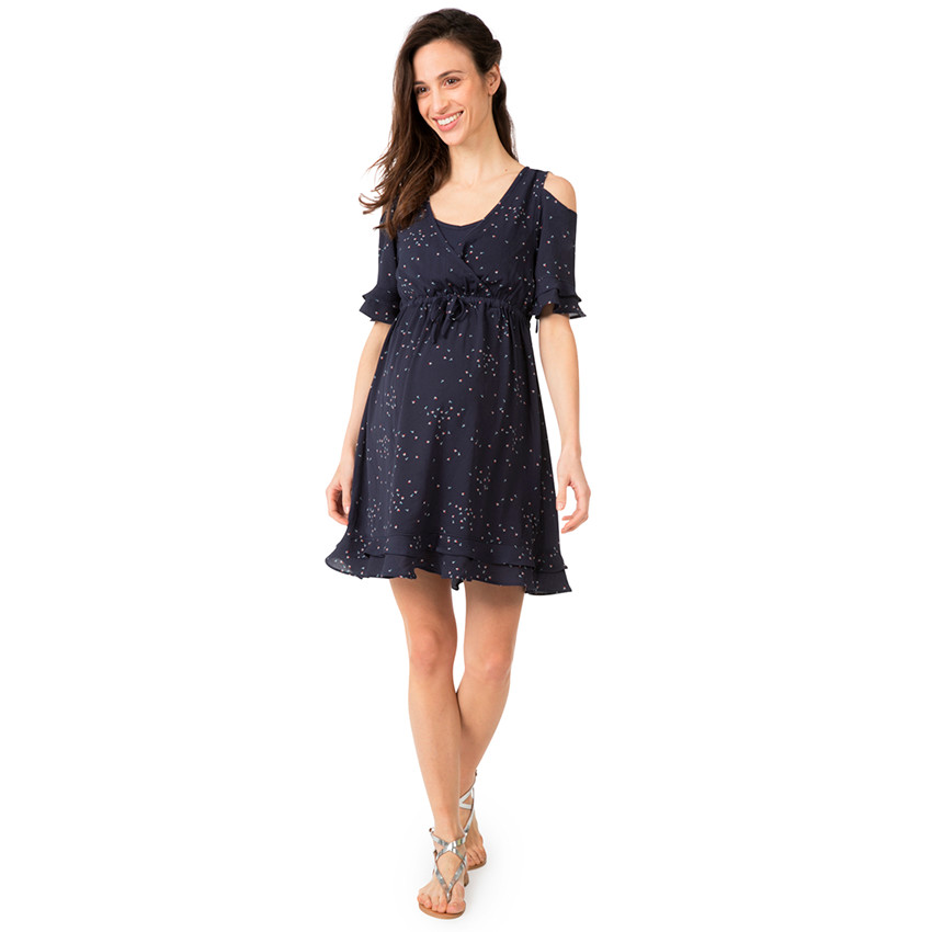 Vestido de premamá con hombros de punto calado y estampado all over 