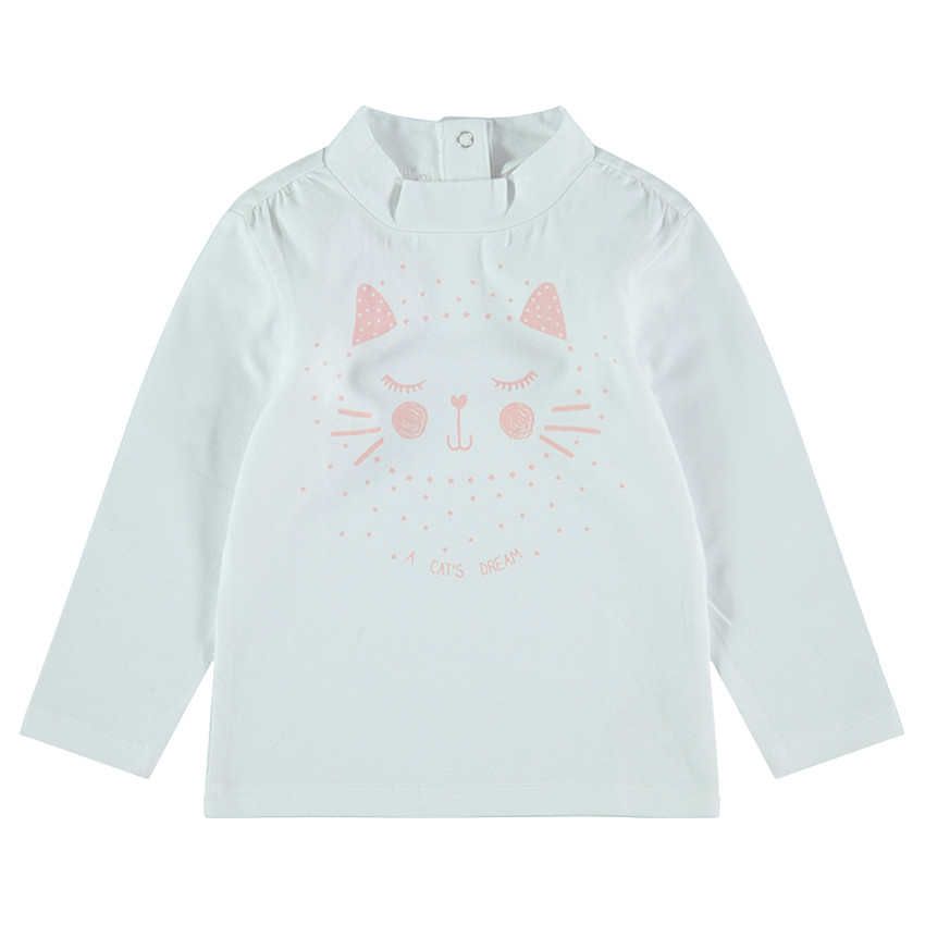 Camiseta de punto con cuello chimenea y gato estampado 