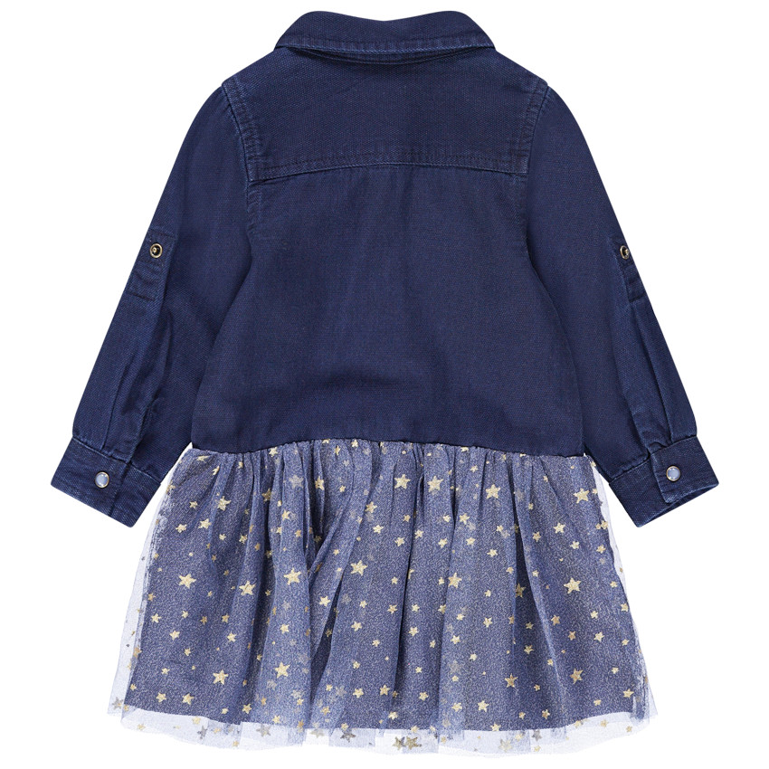 Vestido de manga larga bimaterial con efecto 2 en 1 y estrellas doradas 