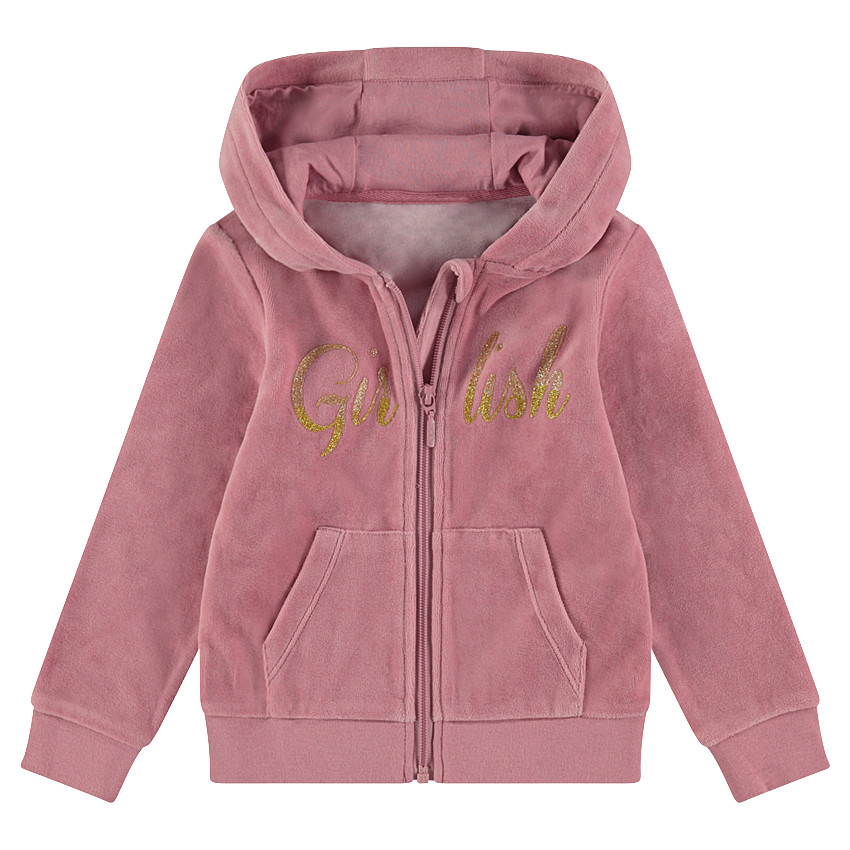 Chaqueta de terciopelo con capucha y palabra con purpurina 