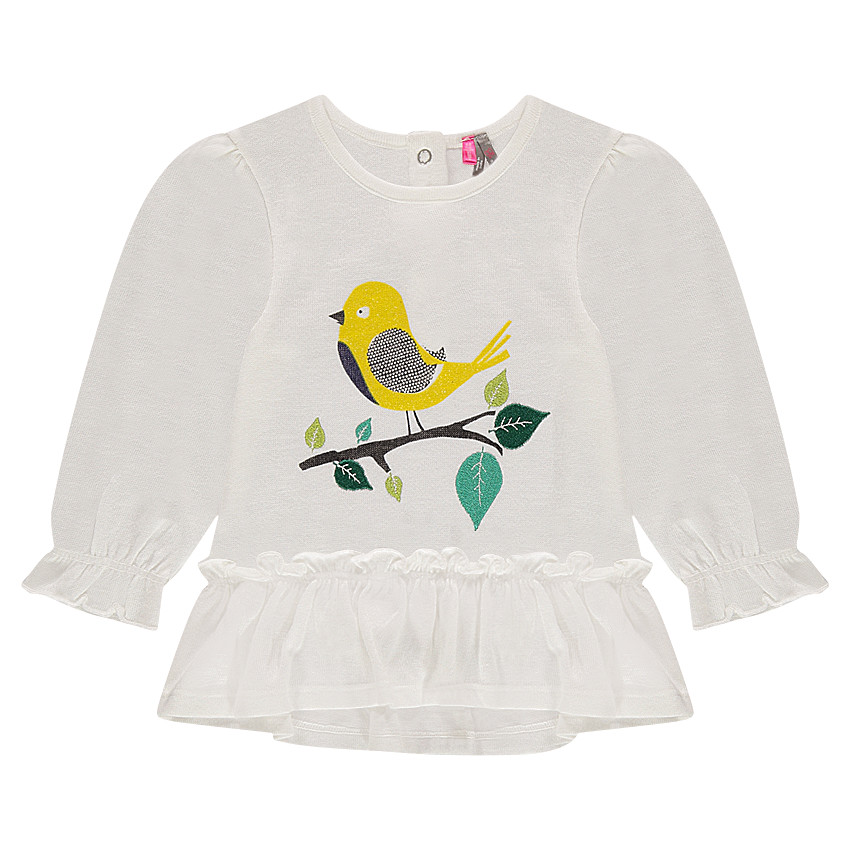 Camiseta estampada de manga larga con volante y pájaro estampado con hojas bordadas 