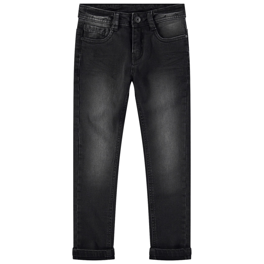 Vaqueros usados con efecto desgastado y arrugado con inscripción de relieve en la espalda 