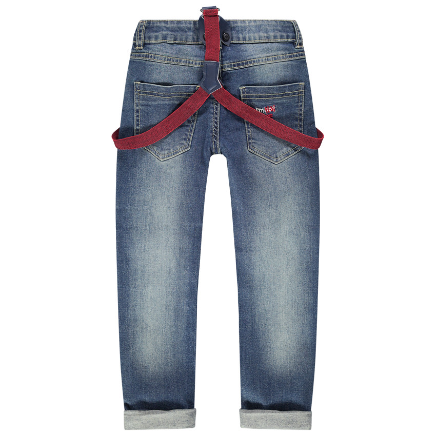 Vaqueros efecto desgastado con tirantes elásticos en los hombros 