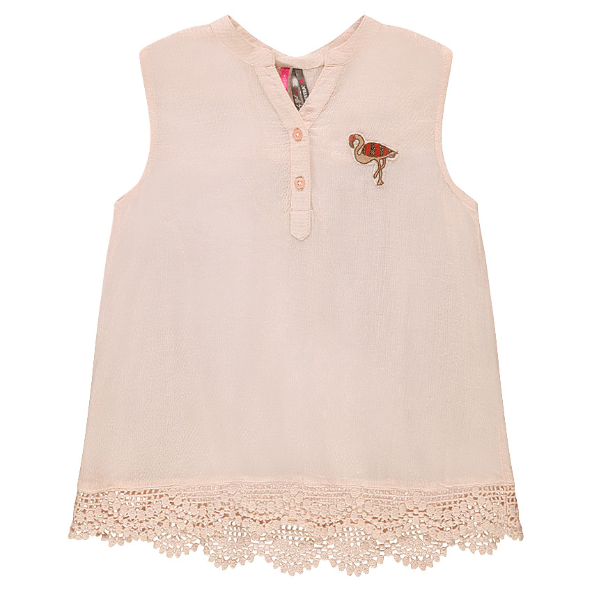 Top sin mangas de viscosa con flamenco rosa y base de encaje  