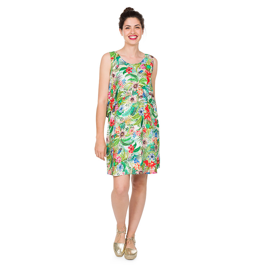 Vestido premamá con volante y estampado tropical 