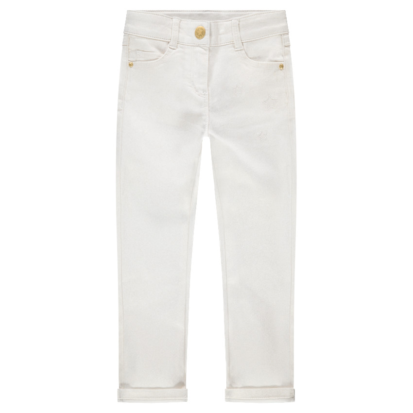 Pantalón de sarga con tratamiento brillante y estrellas bordadas 