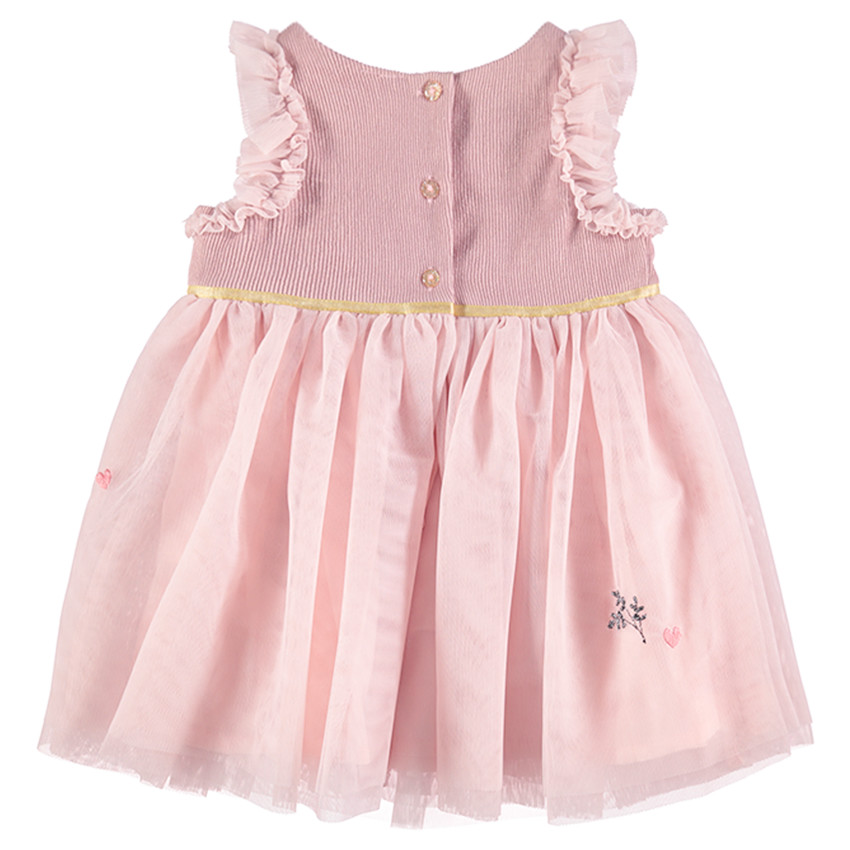 Vestido rosa de fiesta de dos materiales con tul y volantes 