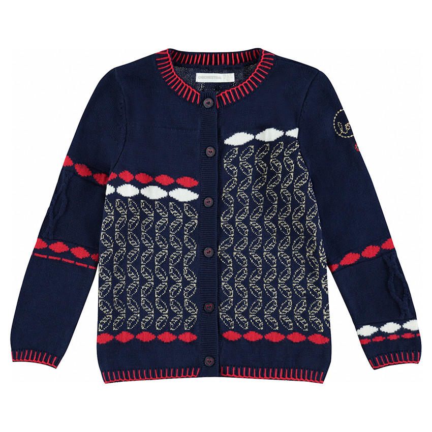 Chaqueta de punto con dibujo de jacquard y toques dorados. 