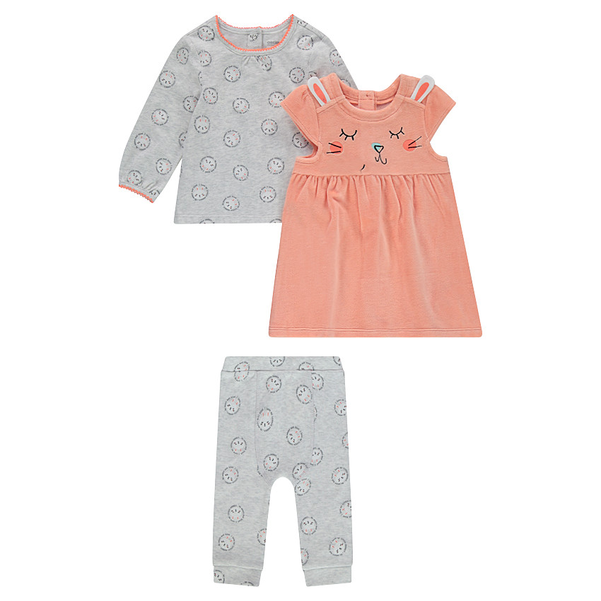 Conjunto de 3 piezas de camiseta con estampado, vestido de terciopelo y legging 