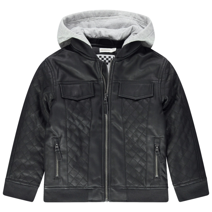 Cazadora de cuero de imitación con cruces y capucha de punto 