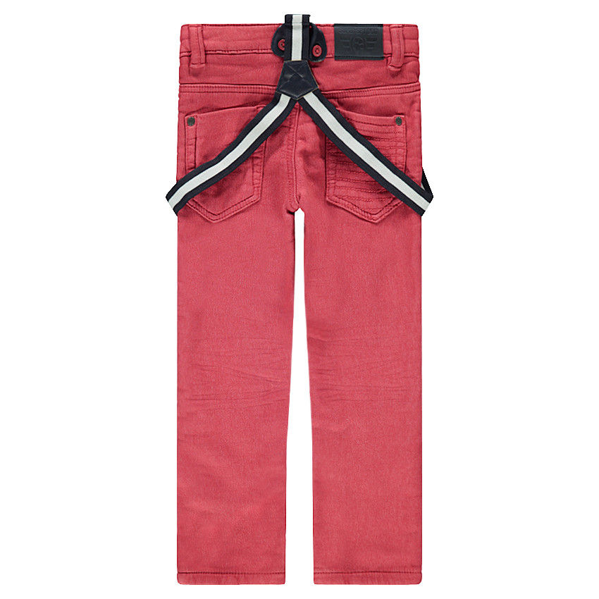 Pantalón de tela roja con efecto desgastado y tirantes desmontables elásticos 