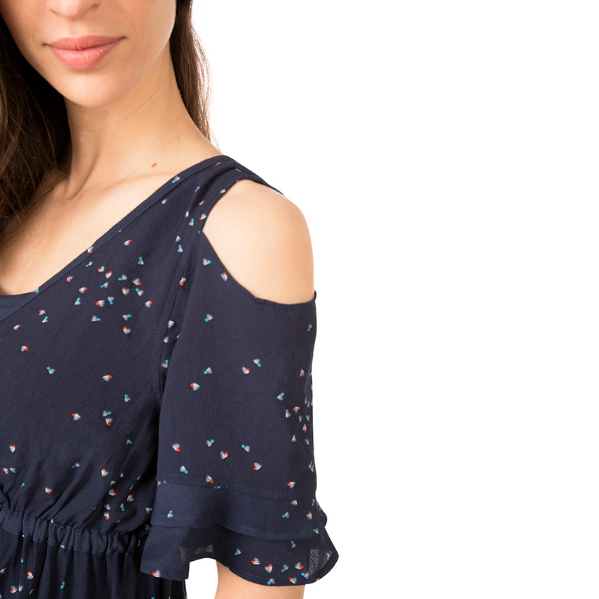 Vestido de premamá con hombros de punto calado y estampado all over 