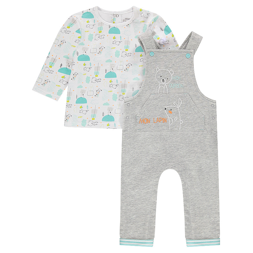 Conjunto de peto largo de muletón con camiseta de punto estampado all over 