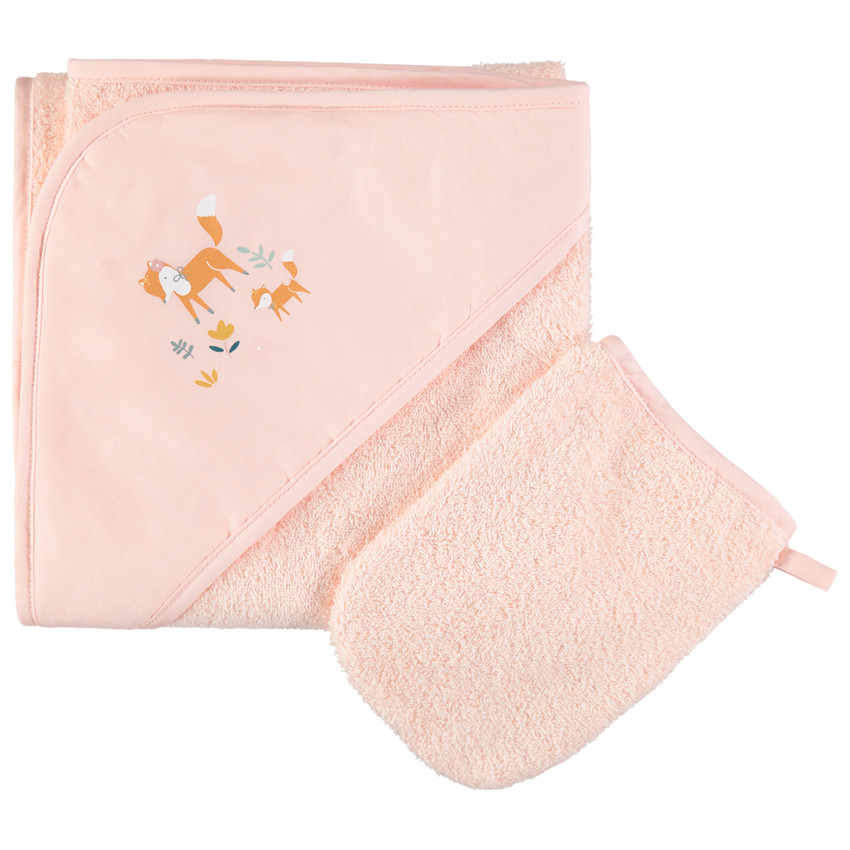 Conjunto de baño de rizo con capa con capucha  y guante estampado zorro 