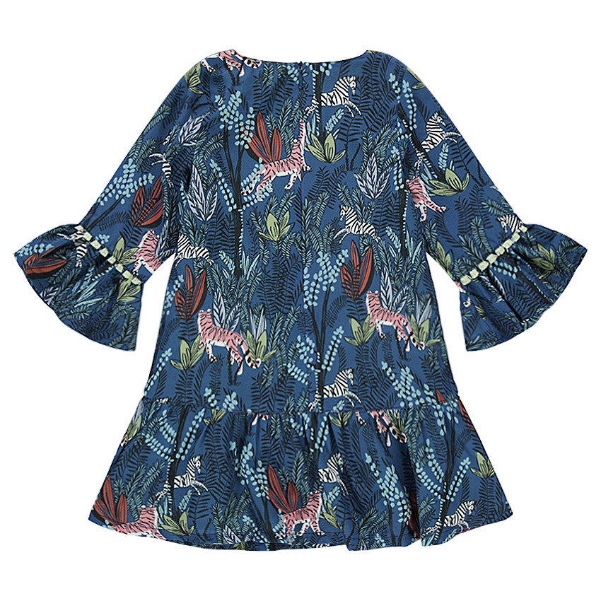 Vestido de manga 3/4 con motivo vegetal y tigres all-over 