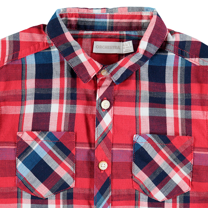 Camisa de manga larga roja con cuadros grandes y bolsillos 