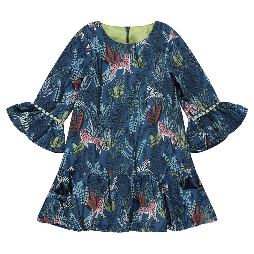 Vestido de manga 3/4 con motivo vegetal y tigres all-over 