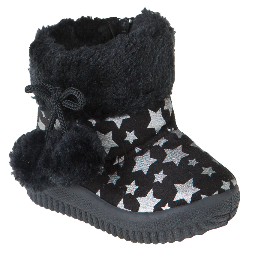 Zapatillas de forma botín de pelo sintético con pompones con estampado de estrella 