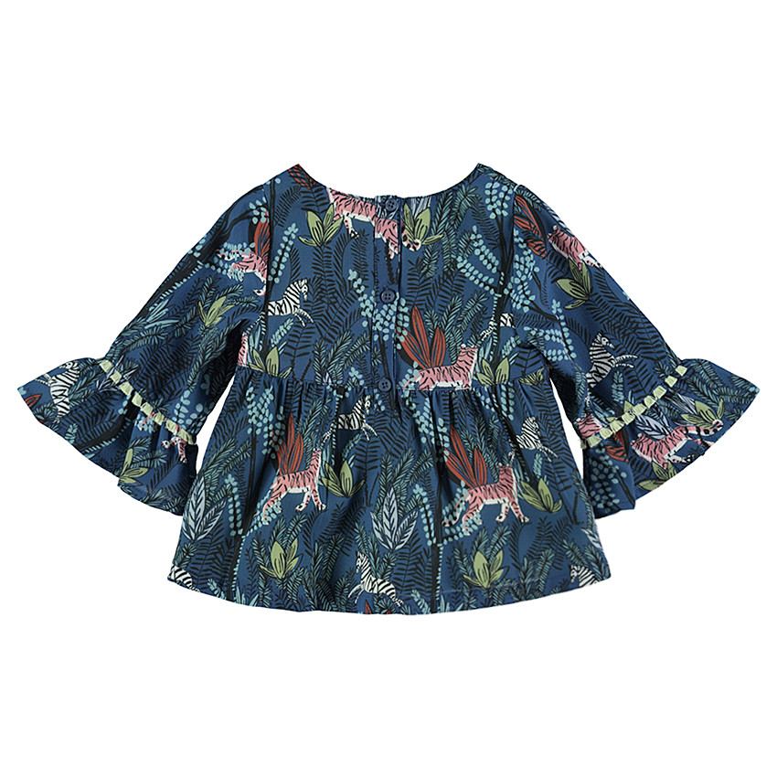 Túnica estampada con mangas acampanadas y pompones 