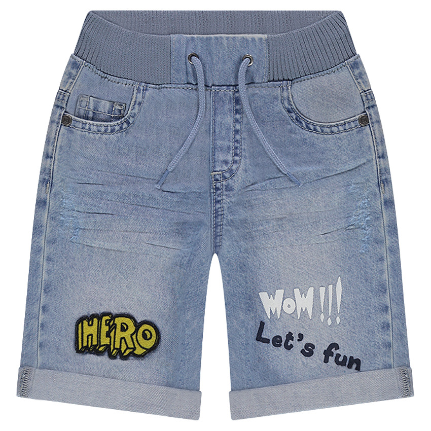 Bermudas vaqueras efecto desgastado con cintura elástica y parches de fantasía  