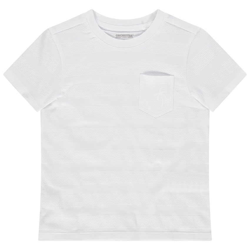 Camiseta de manga corta de rayas de fantasía y bolsillo con estampado de palmera 