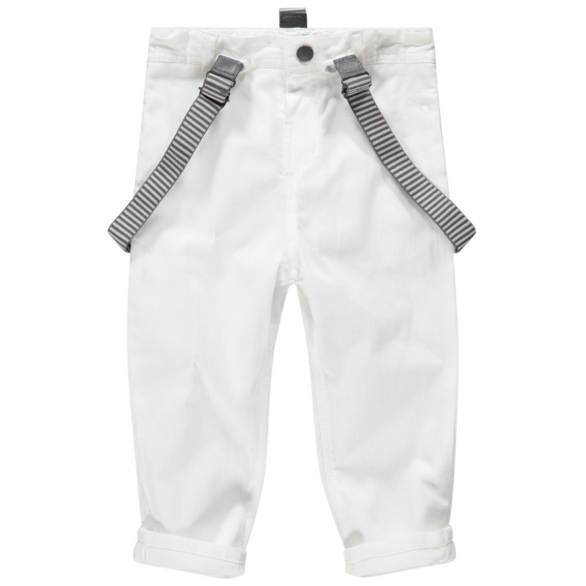 Pantalón blanco de gala con tirantes de rayas desmontables  