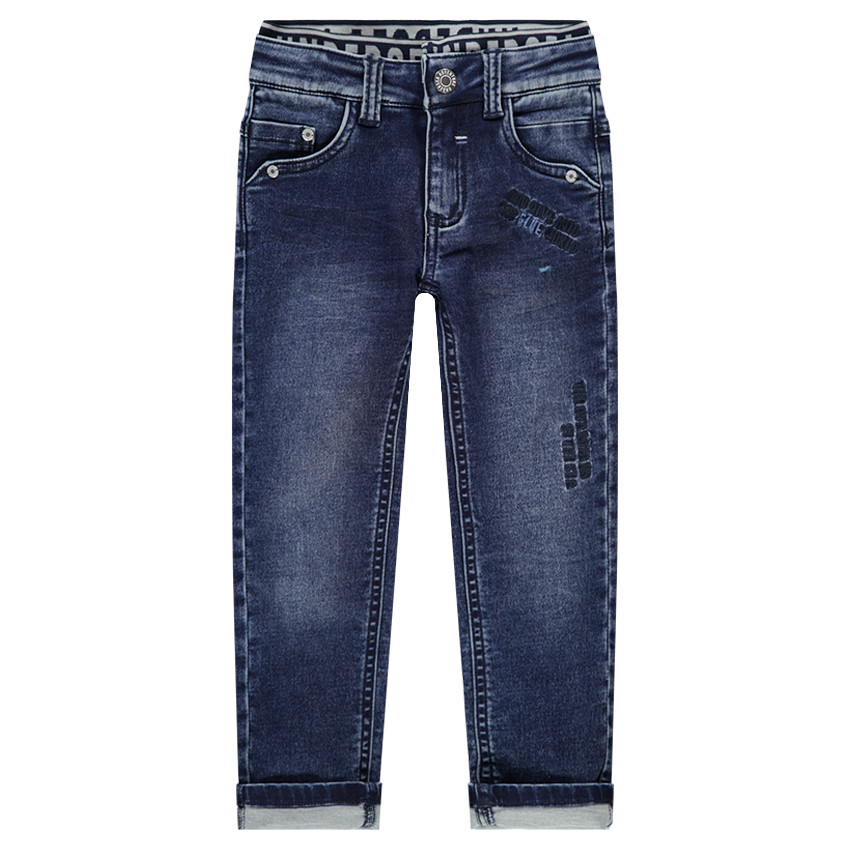 Vaqueros efecto arrugado y desgastado con doble cintura elástica y bordados 