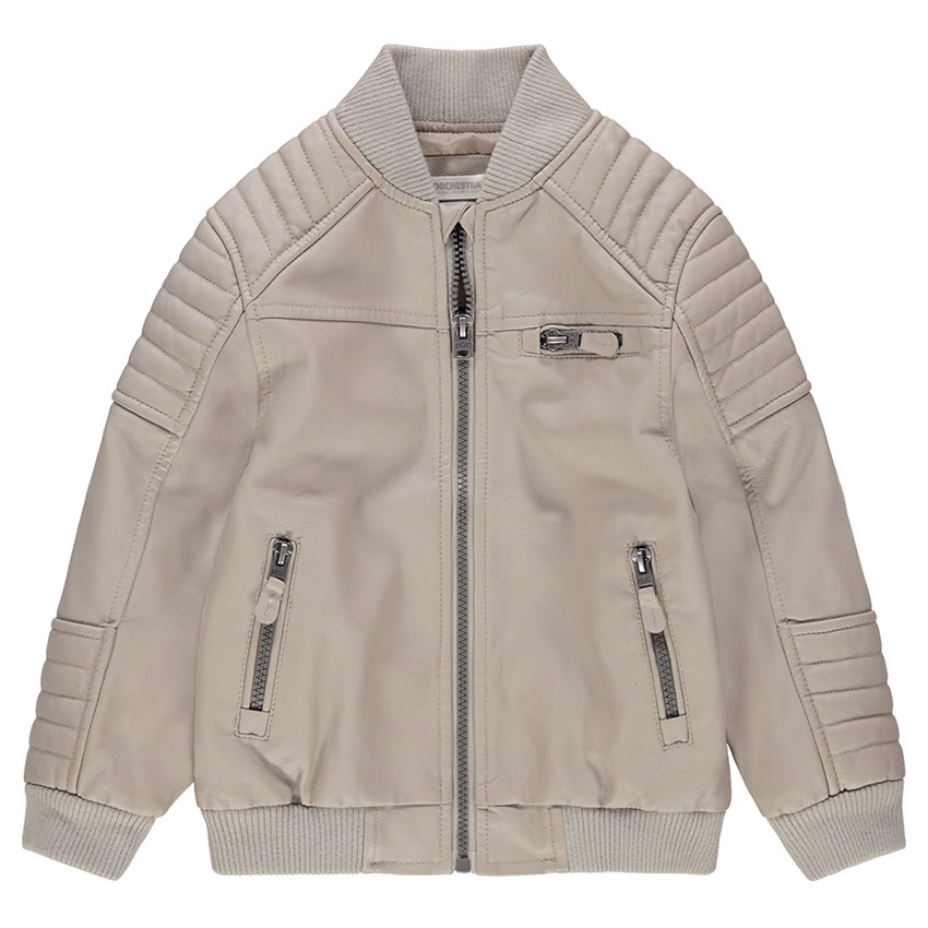 Cazadora de cuero de imitación con bolsillos con cremallera y pespuntes 