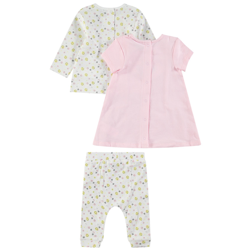 Conjunto con camiseta de manga larga, vestido rosa y legginghs estampado con ©Smiley 
