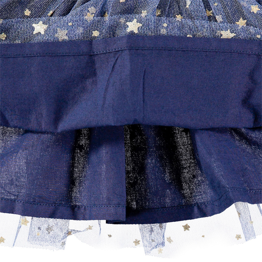 Vestido de manga larga bimaterial con efecto 2 en 1 y estrellas doradas 
