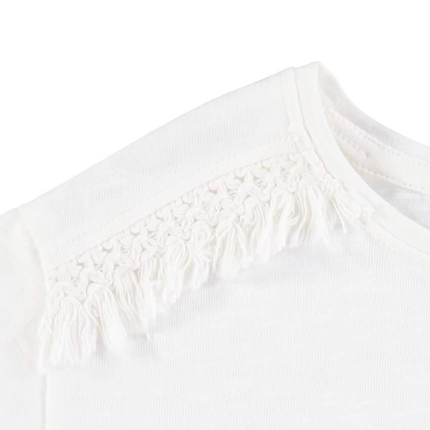 Camisera de manga larga de punto con mensaje estampado y galones con flecos 