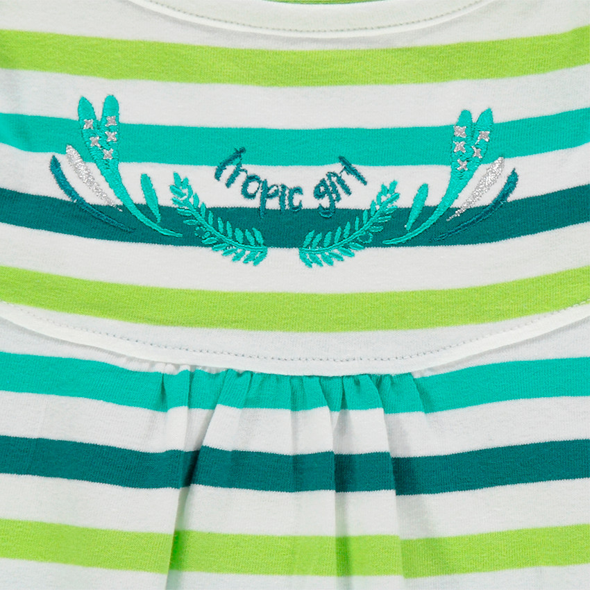 Vestido de algodón con rayas en contraste all-over y hombros calados 