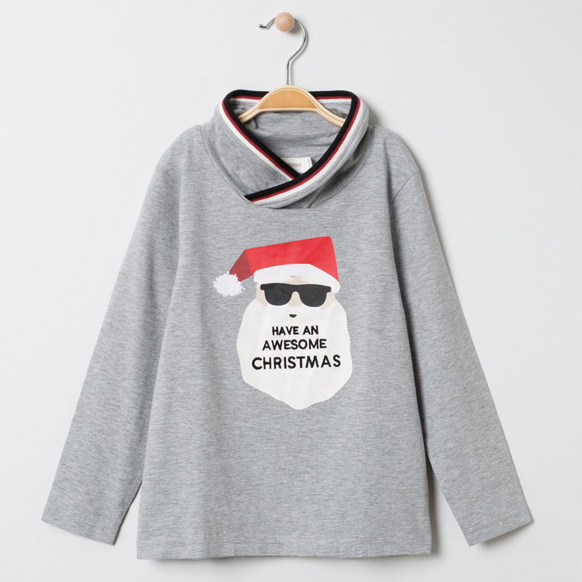 Camiseta de manga larga estampada papa  Noel con cuello de fantasía  