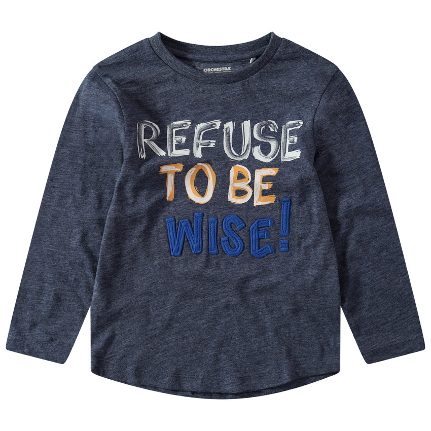 Camiseta de punto jaspeado de manga larga con mensaje estampado y bordado 