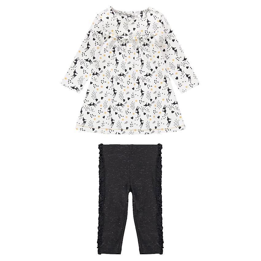 Conjunto con vestido estampado all over y leggings de punto slub plateados 