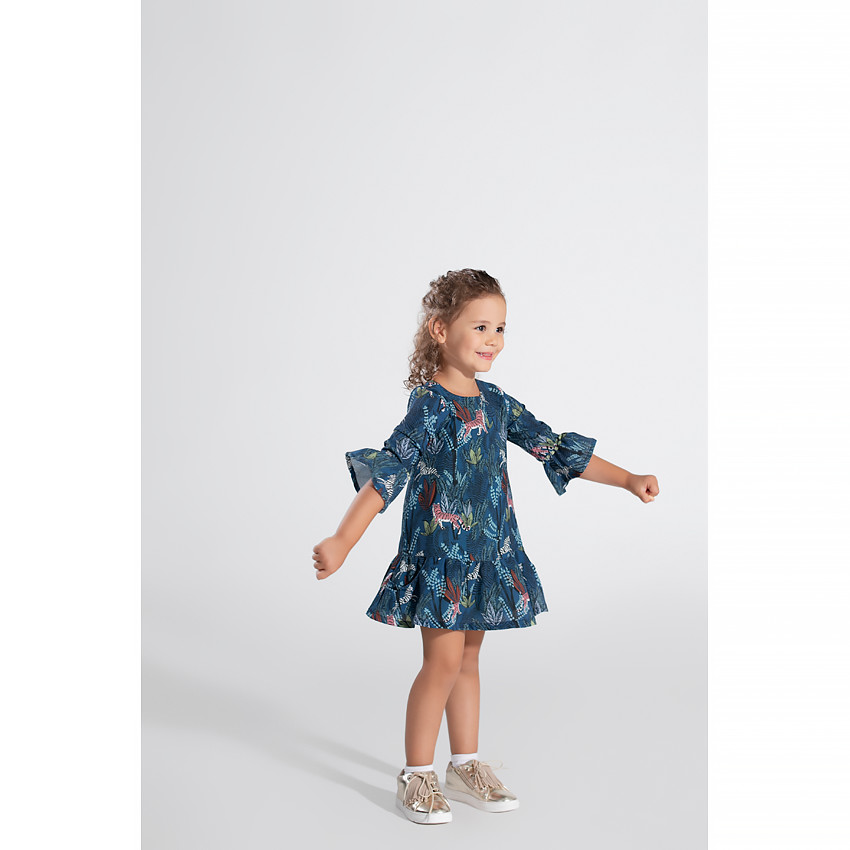 Vestido de manga 3/4 con motivo vegetal y tigres all-over 